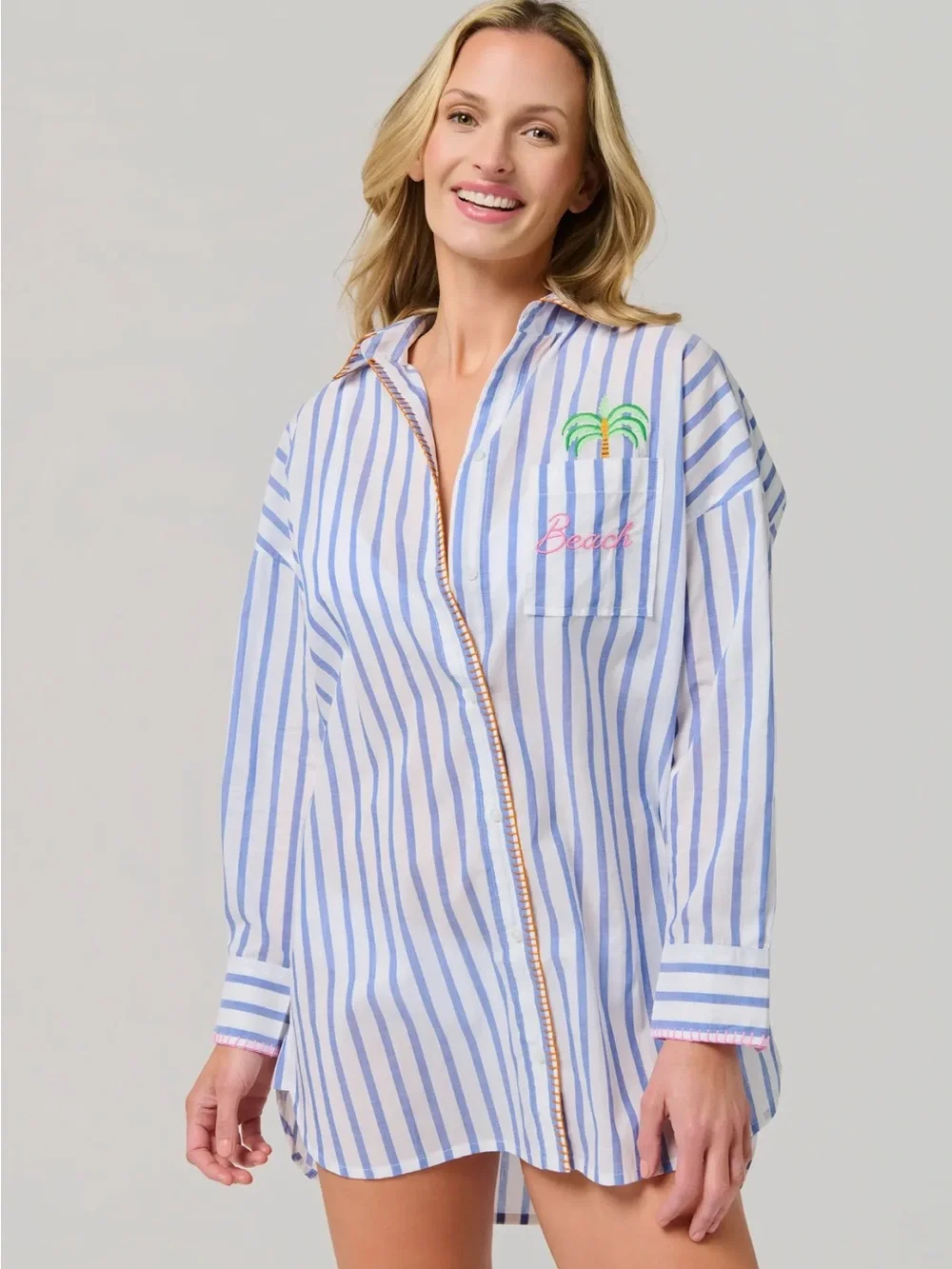 Shiraleah Blue & White Striped beach Shirt Dress with Embroidery large